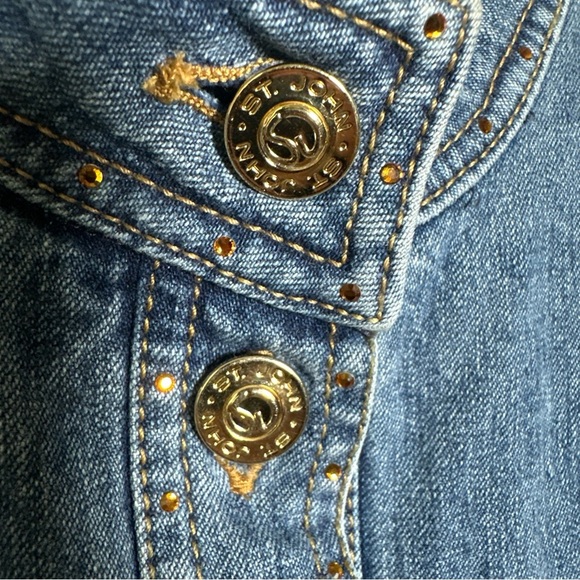 Vintage St John Sport Small Denim Rhinestones Bead Gold Monogram Buttons Jacket - Picture 8 of 16